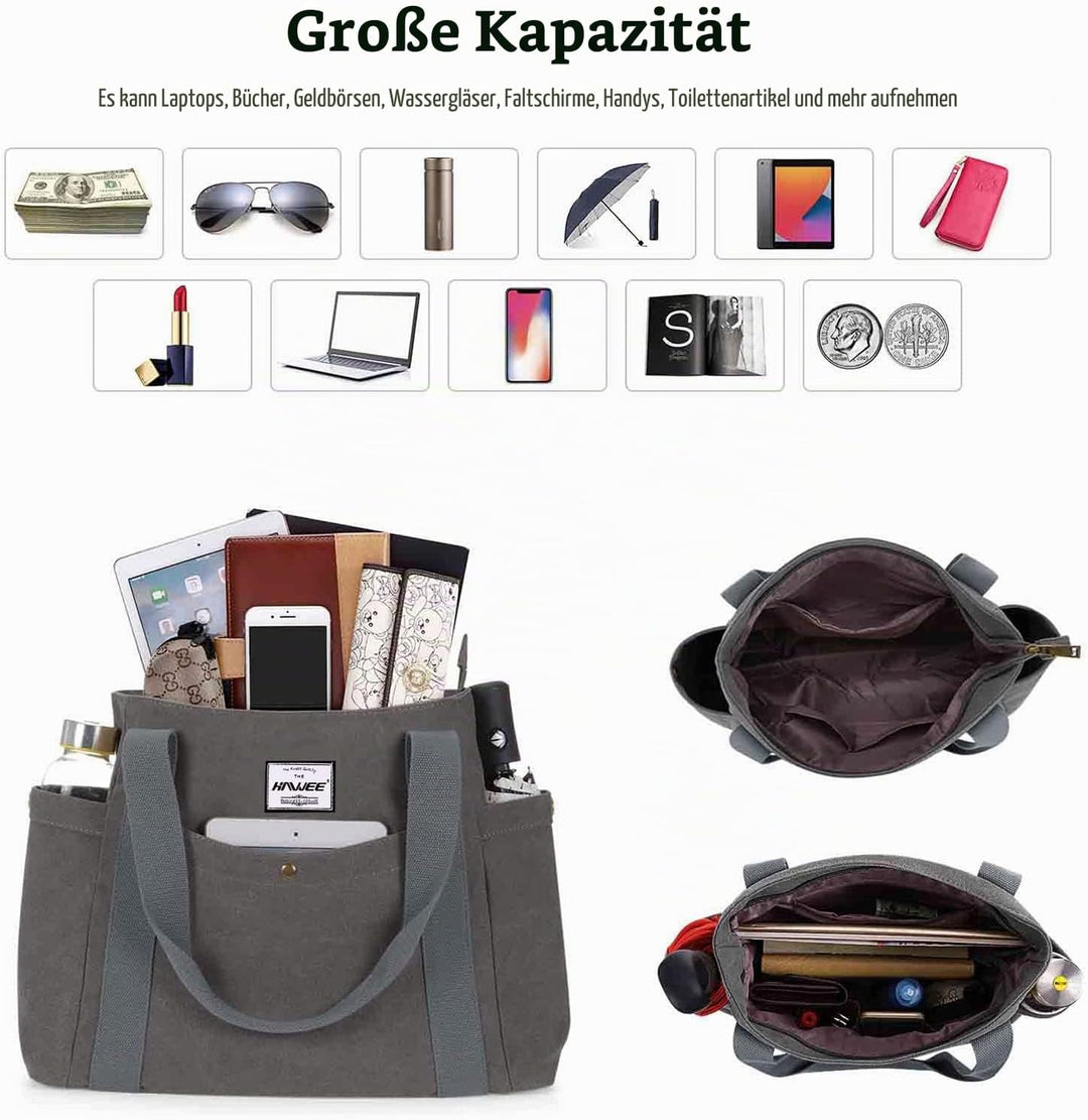 HAWEE Canvas Damen Handtasche Shopper Tote Bag Grosse Schultertasche mit Reissverschluss Umhängetasc
