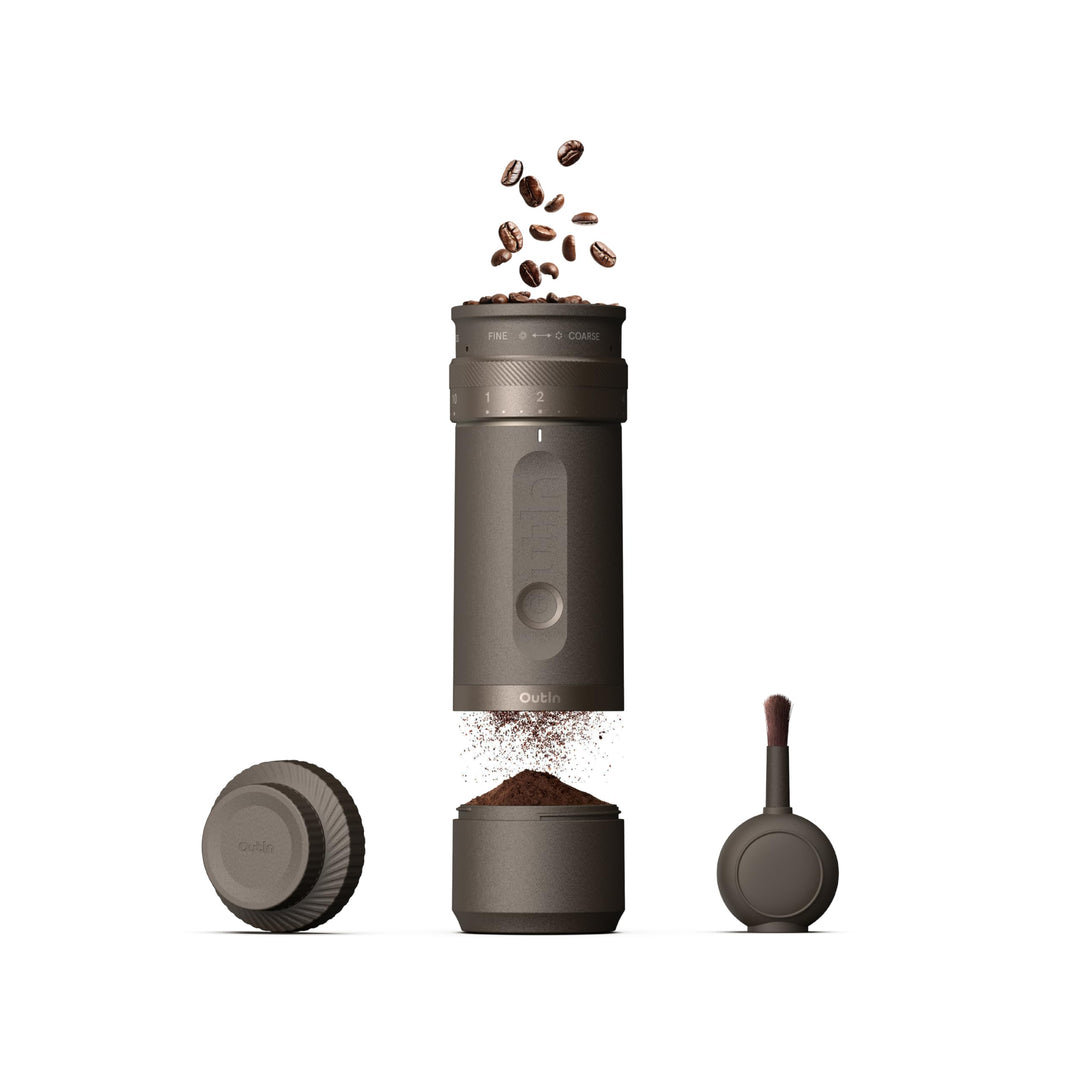 OutIn Fino Tragbare Elektrische Kaffeemühle Kegelmahlwerk - 28 Externe Mahlstufen, 7-Stern-Edelstahl