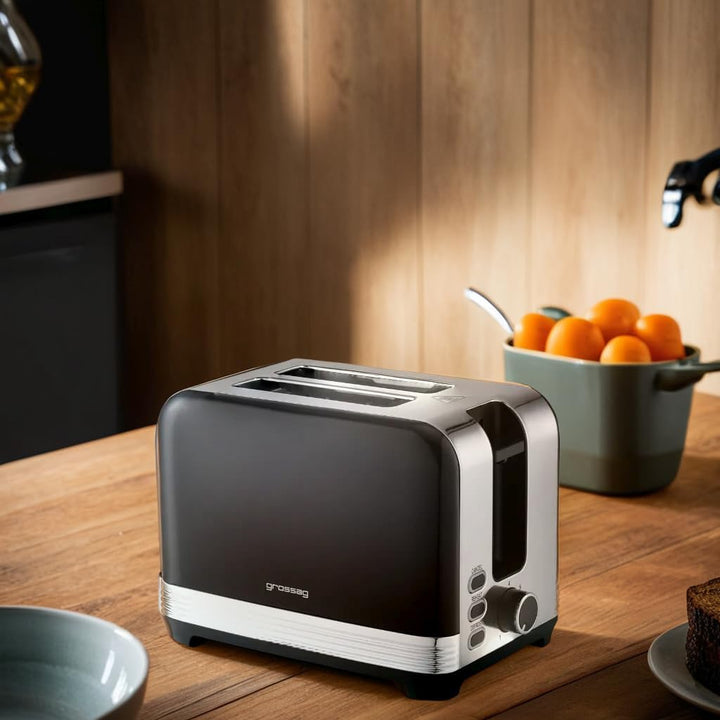 grossag TA 28.07, 2-Scheiben Edelstahl-Toaster, schwarzes Retro Metallic-Design, stufenlose Bräunung