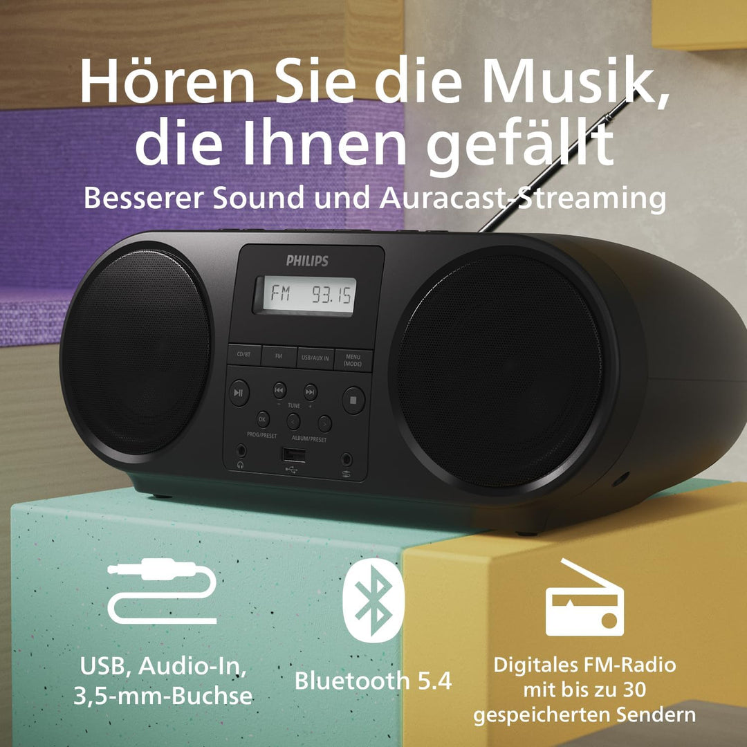 Philips TAZ5000 Multifunktions-CD-Spieler mit FM-Radio, Bluetooth 5.4, USB, Batterie/Netzstrom, Dyna