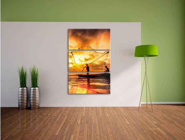 Pixxprint See mit Anglern als Leinwandbild/Grösse: 3 Teilig (120x80) cm/Wandbild/Kunstdruck/fertig b