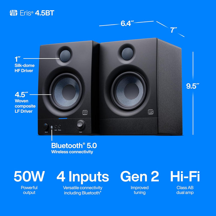 PreSonus Eris 4.5BT Gen 2 – 4.5" Desktop-Aktivlautsprecher mit Bluetooth für Multimedia, Gaming und