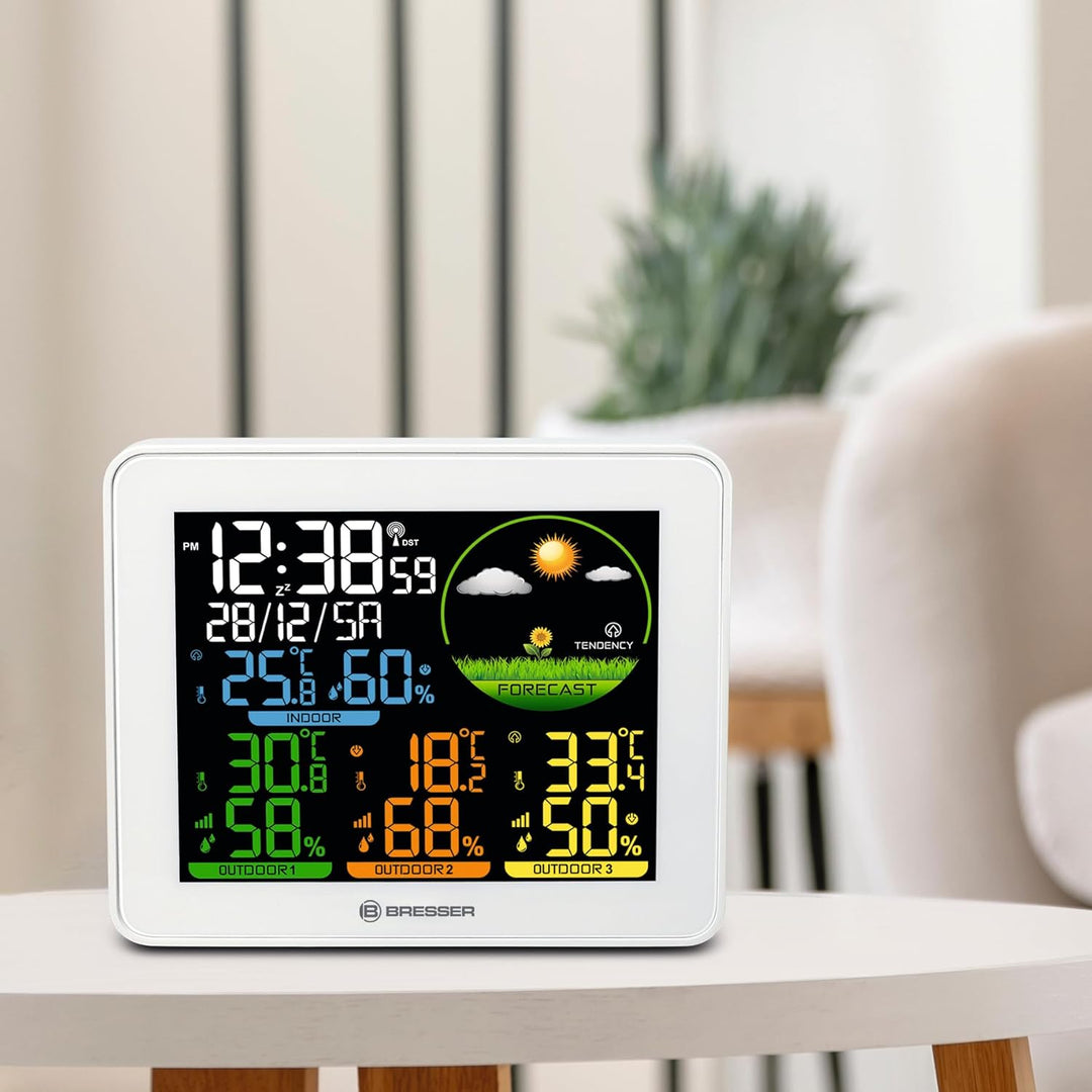 Bresser Farbwetterstation 3 Aussensensoren Temperatur Luftfeuchtigkeit Wettervorhersage Uhr Wecker 8