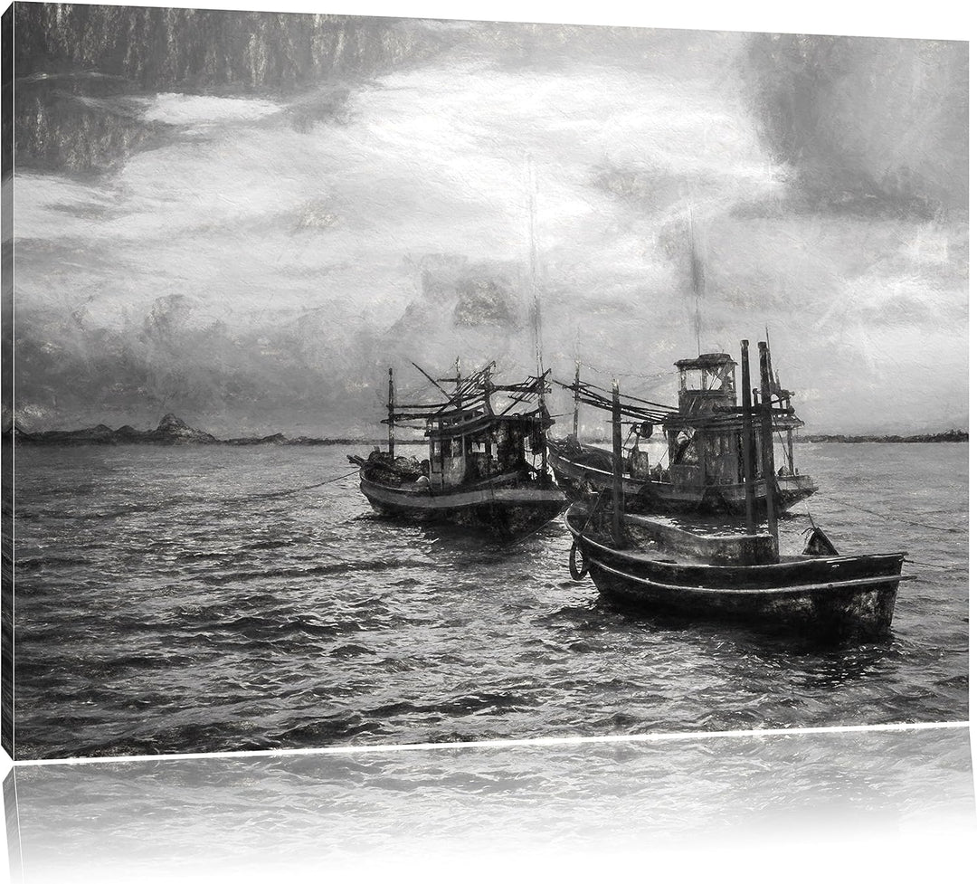 Pixxprint thailändische Fischerboote im Meer Kunst Kohle Effekt, Format: 100x70 auf Leinwand, XXL ri
