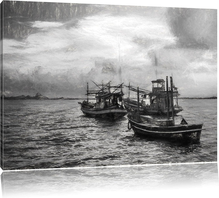 Pixxprint thailändische Fischerboote im Meer Kunst Kohle Effekt, Format: 100x70 auf Leinwand, XXL ri