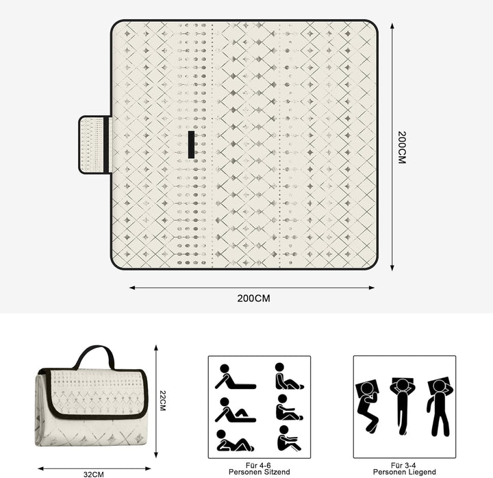 Jopee Picknickdecke Wasserdicht, 200x200cm Extra Gross Sandfrei Stranddecke für 4-6 Personen, Waschb