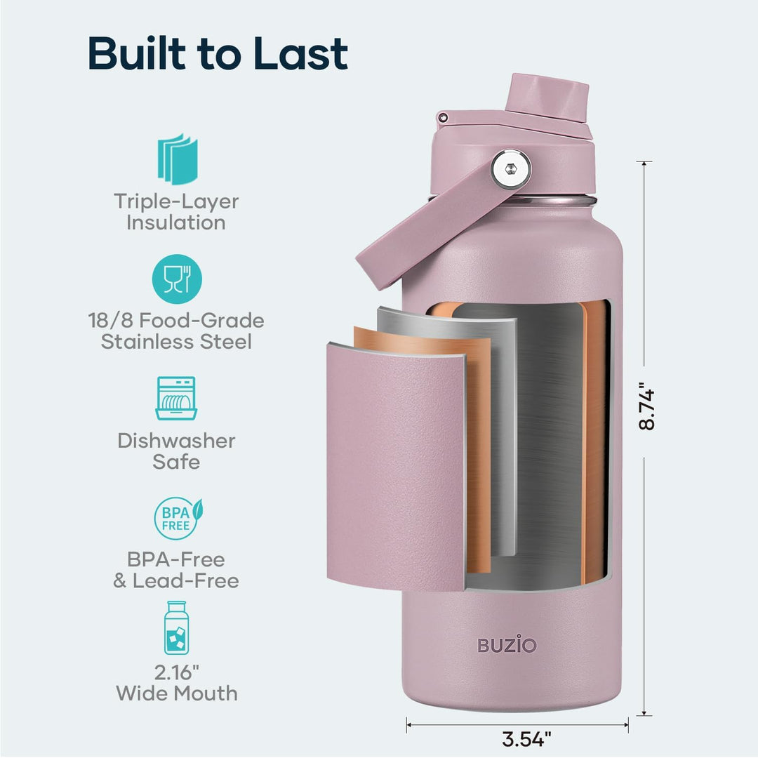 BUZIO 1L Isolierte Wasserflasche, Dreiwandige Vakuum-Edelstahl-Wasserflasche mit Strohdeckel, Auslau