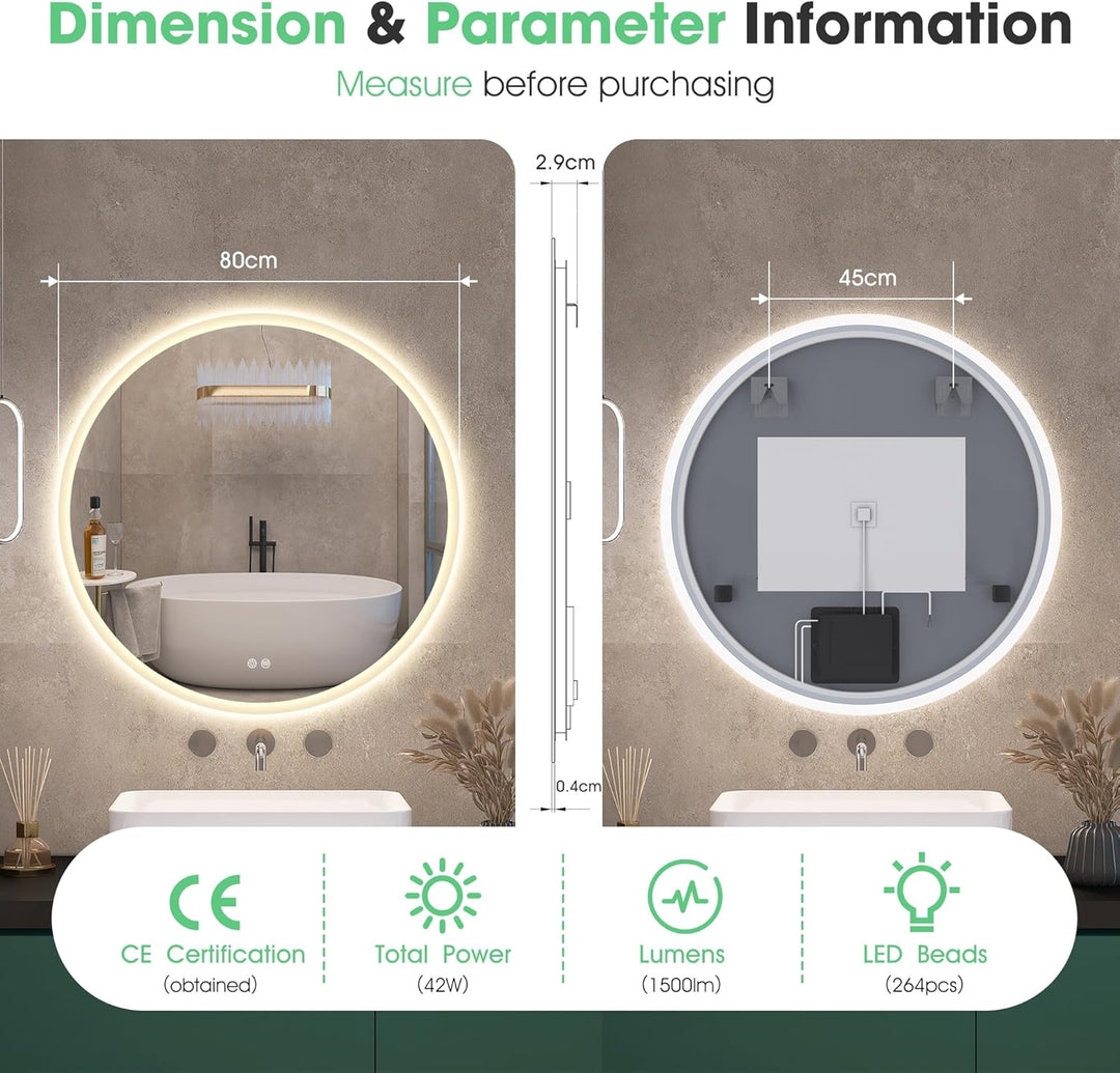 S'bagno Runder-Badspiegel-mit-Beleuchtung-80cm, Badezimmer-Spiegel-mit-Beleuchtung und Entfoggen, 30