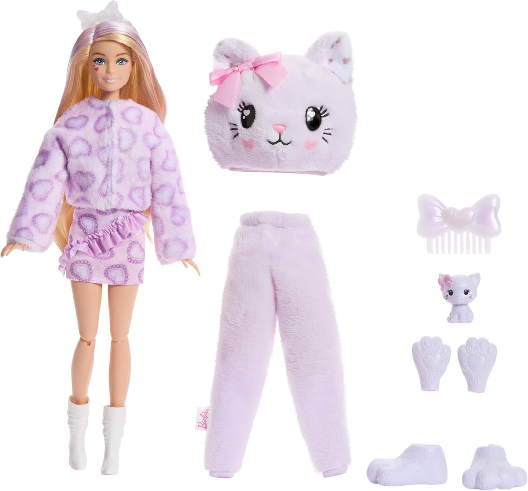 Barbie Cutie Reveal Puppe und Zubehör, Kätzchen der Cuddly-Reihe mit 10 Überraschungen, inklusive Fa