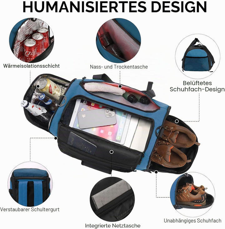 Sporttasche Herren + Rucksack-Funktion, 36L Reisetasche Damen, Sporttasche Damen mit Schuhfach, Nass