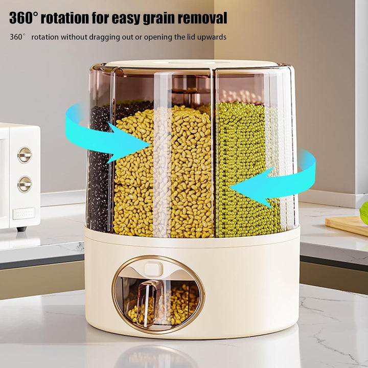 6-Grid Rotating Food Dispenser for Kitchen | -Click Rice Storage Container with Rotating Design | Mu