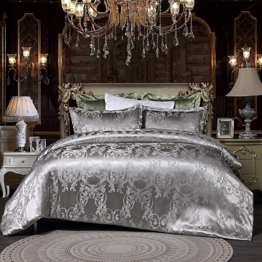 Silber Bettwäsche 135x200 cm Satin Seiden Bettbezug Set Grau 2teilig Graue Wendebettwäsche Microfase