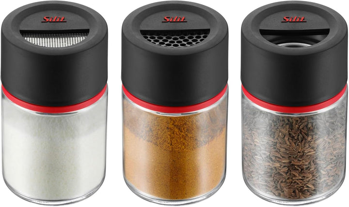 Silit Storio Gewürzstreuer-Set 3-teilig, Feinstreuer Grobstreuer Gewürzglas Glas, Kunststoff, spülma