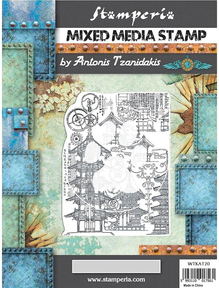 Stamperia International Mixed Media Stempel "Sir Vagabond in Japan-Pagode, grau, 16 x 20 cm, 16 x 20