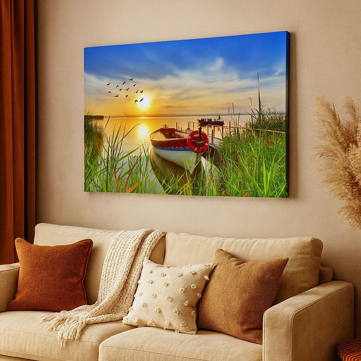 Bilder auf Leinwand 100x70cm Leinwandbild Boot See Sonnenuntergang Sommer Menschen Gross Wanddeko Bi