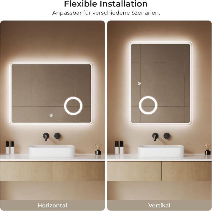S'AFIELINA Badspiegel mit Beleuchtung 60 × 80 × 3,5 cm Badezimmerspiegel mit Beleuchtung mit Touch,