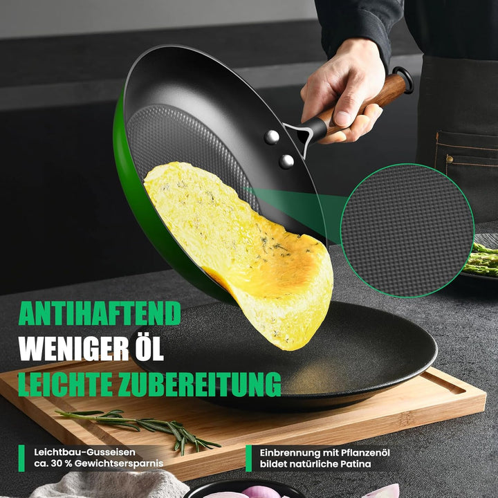 YUTANN Gusseisenpfanne, Nonstick Frying Pan, Pfannen 20cm mit Abnehmbarer Holzgriff, PFAS-Frei, PFOA