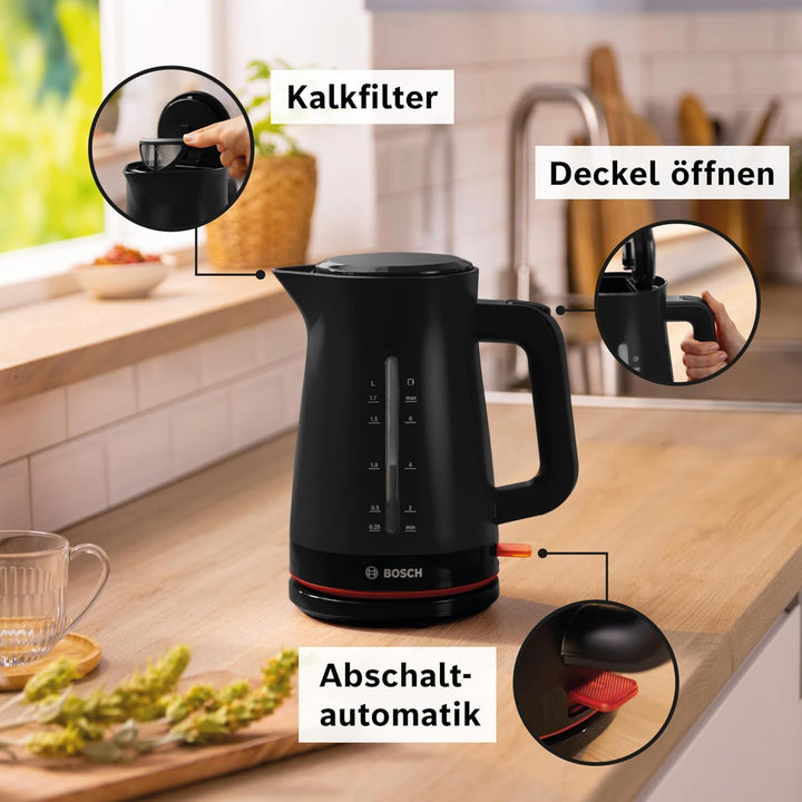 Bosch kabelloser Wasserkocher MyMoment TWK3M123, Abschaltautomatik, Überhitzungsschutz, Tassenanzeig