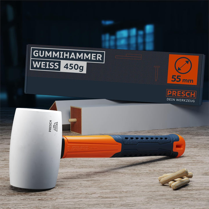 Presch Gummihammer Weiss 450g - Hartgummihammer mit Fiberglasstiel - ⌀=55mm - Weisser Naturkautschuk
