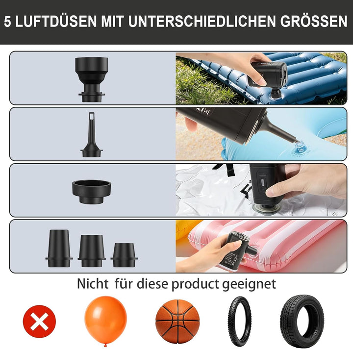 Elektrische Luftpumpe für Luftmatratze Klein Tragbare Elektrische Luftpumpe mit 6 Düsen 4000Pa 1200
