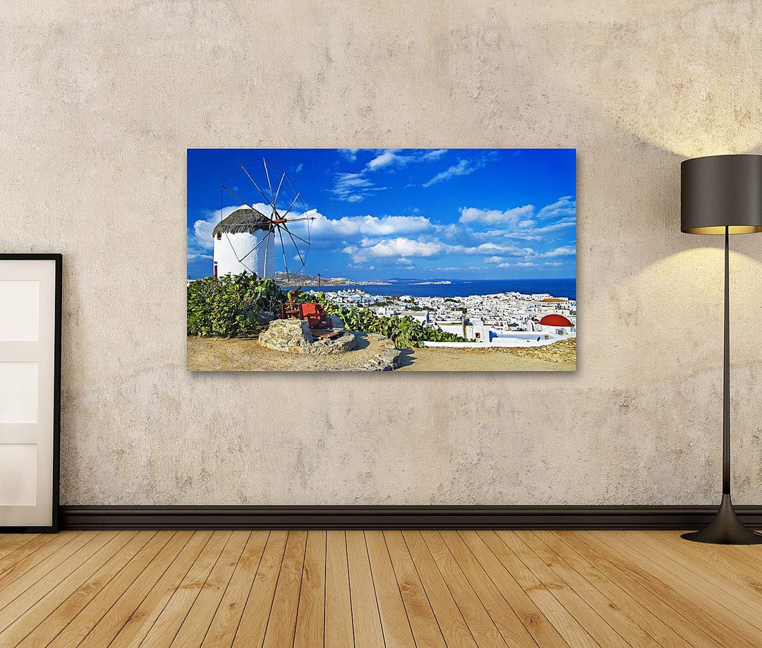 islandburner Bild auf Leinwand Mykonos Blauer Himmel Windmühle Bilder Wandbilder Poster Leinwand 100