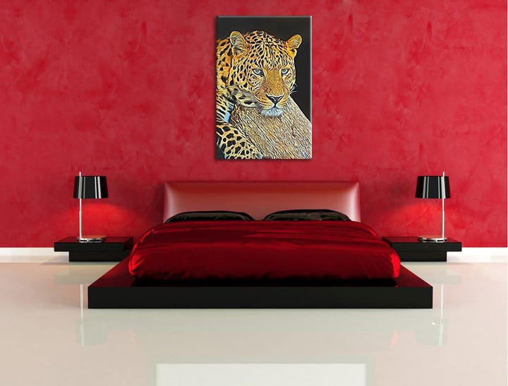 Dark Ruhiger Leopard Deluxe Format: 100x70 cm auf Leinwand, XXL riesige Bilder fertig gerahmt mit Ke