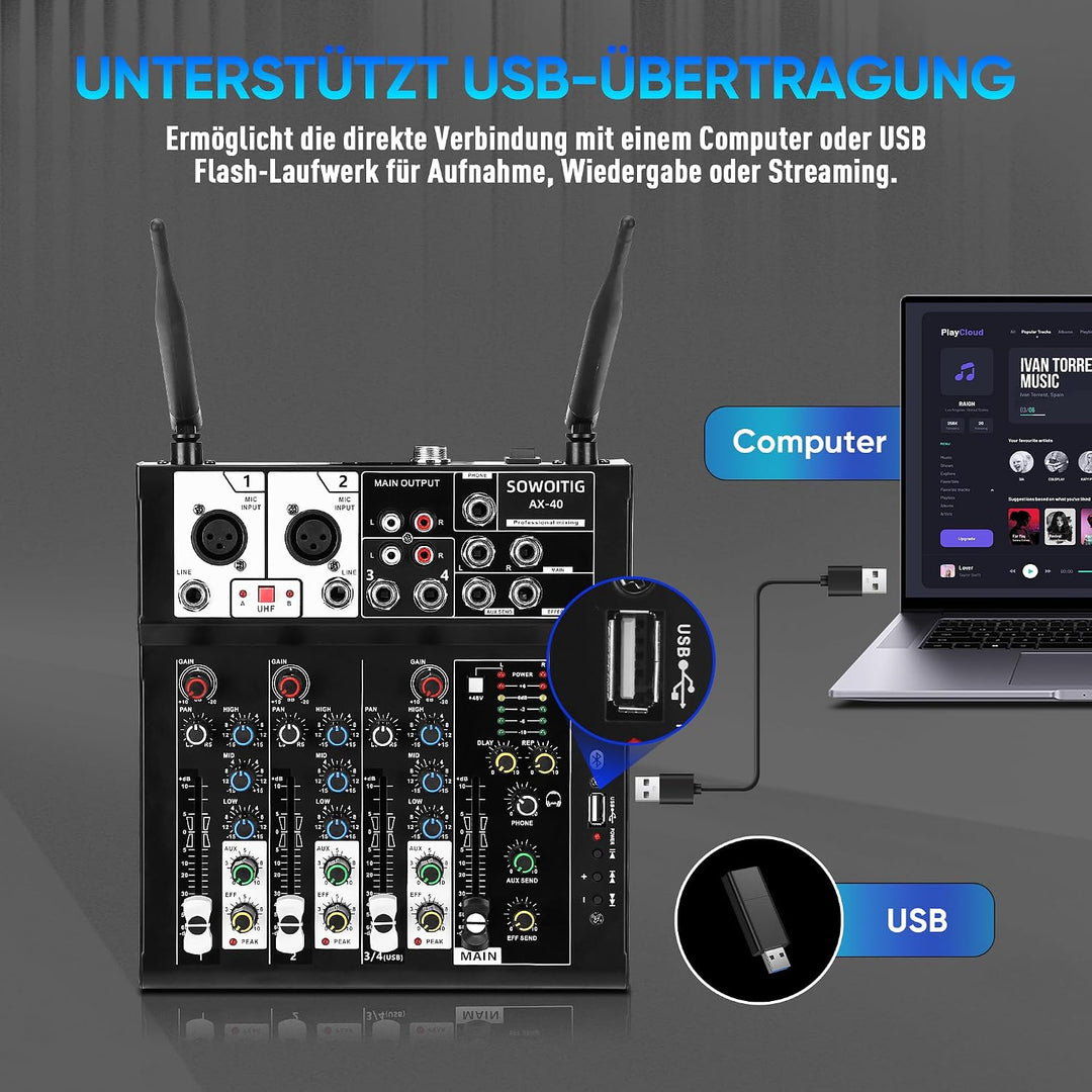 Karaoke Mischpult mit 2 kabellosen Mikrofonen, 4-Kanal Audio Mixer DJ Konsole Musik Soundboard Draht
