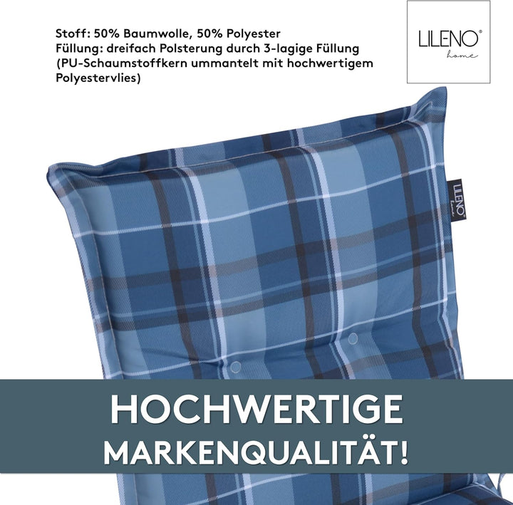 LILENO HOME Gartenstuhl Auflagen als [2er Set - Niedriglehner] in Karo Blau - Bequeme Liegen als Sit
