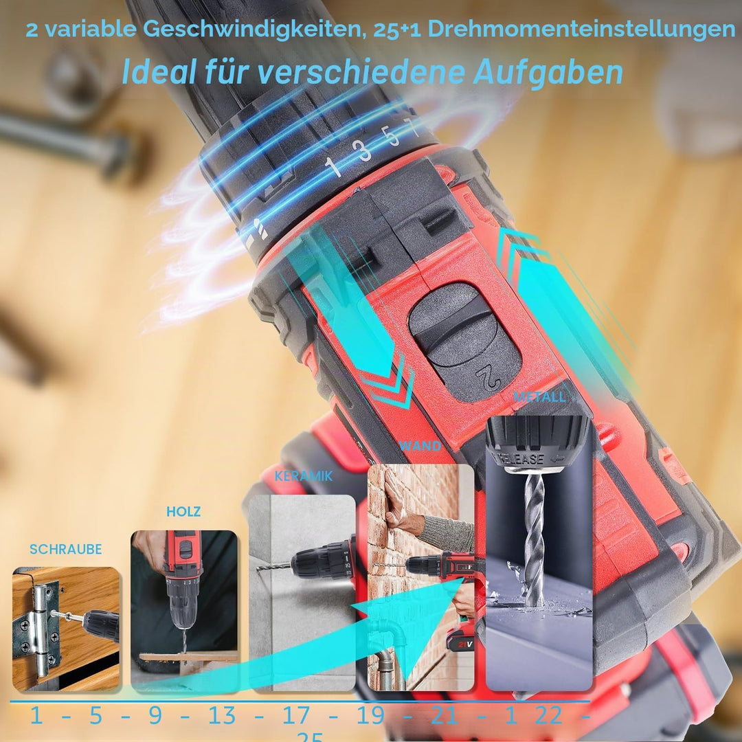 VANBAR Akkuschrauber, Drehmoment auf 25+3 Stufen Bohrmaschine Schrauber Set, 21V, 45Nm max, Schlagbo