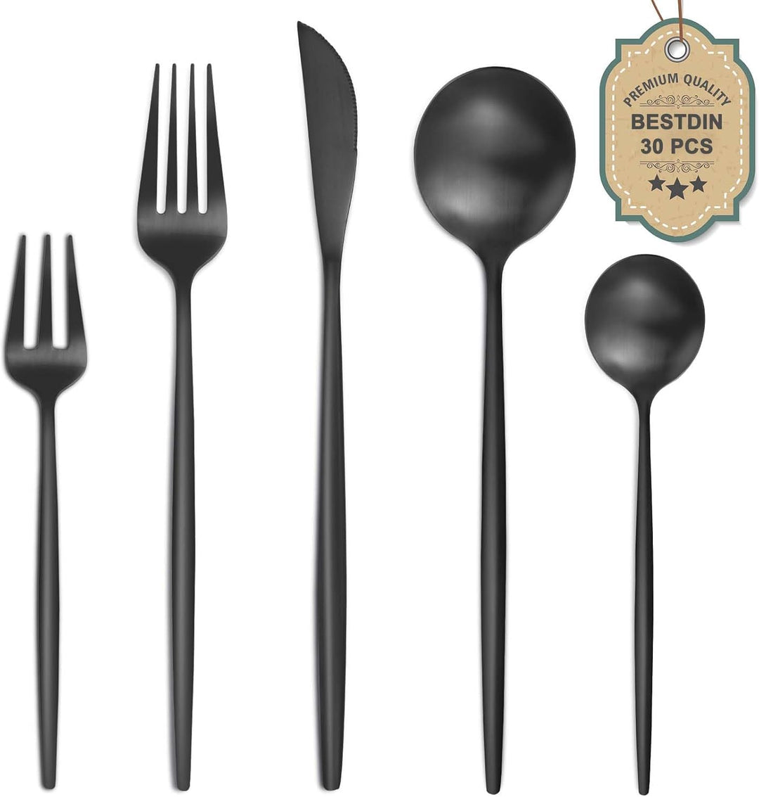 Bestdin Besteck Set 6 Personen, 30 teilig Edelstahl Besteckset Schwarz Matt, Essbesteck Set mit Mess