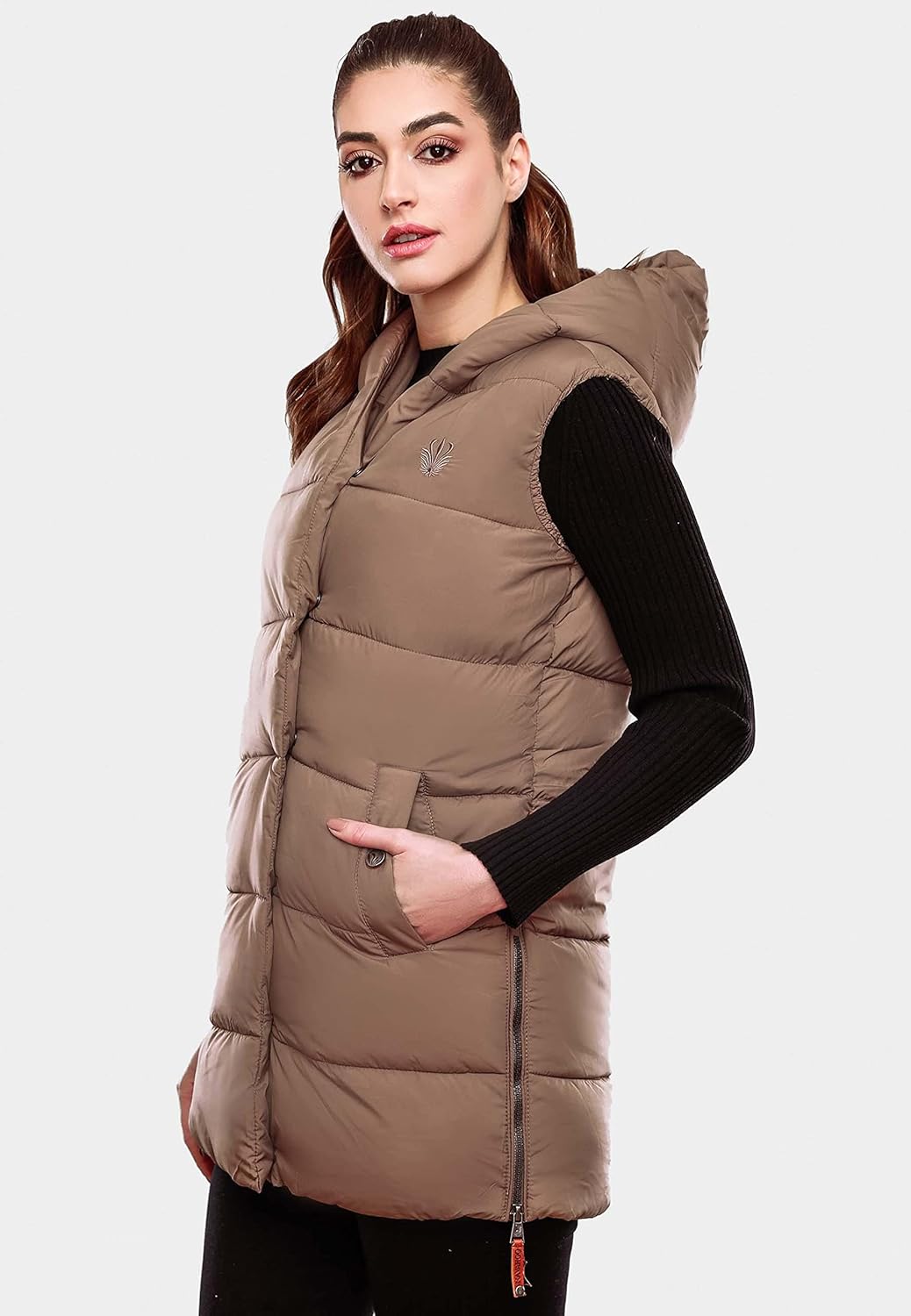 Navahoo warme Damen Winter Steppweste lang mit Kapuze Madilynaa XS-XXL L Dark Taupe, L Dark Taupe