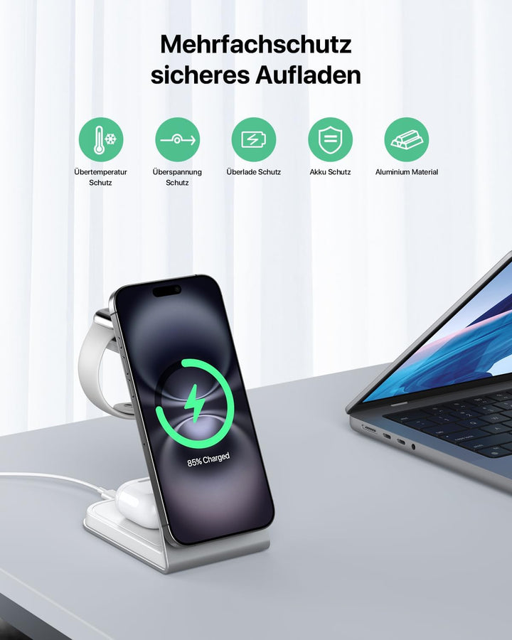 Mag-Safe Ladestation 3 IN 1, Ladegerät kompatibel mit App1e Watch und iPh0ne, Induktive Ladestation