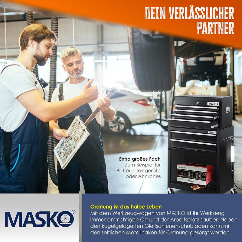 MASKO® Werkstattwagen inkl. Koffer - 9 Fächer Abschliessbar | Massives Metall | Mobiler Werkzeug-Wag