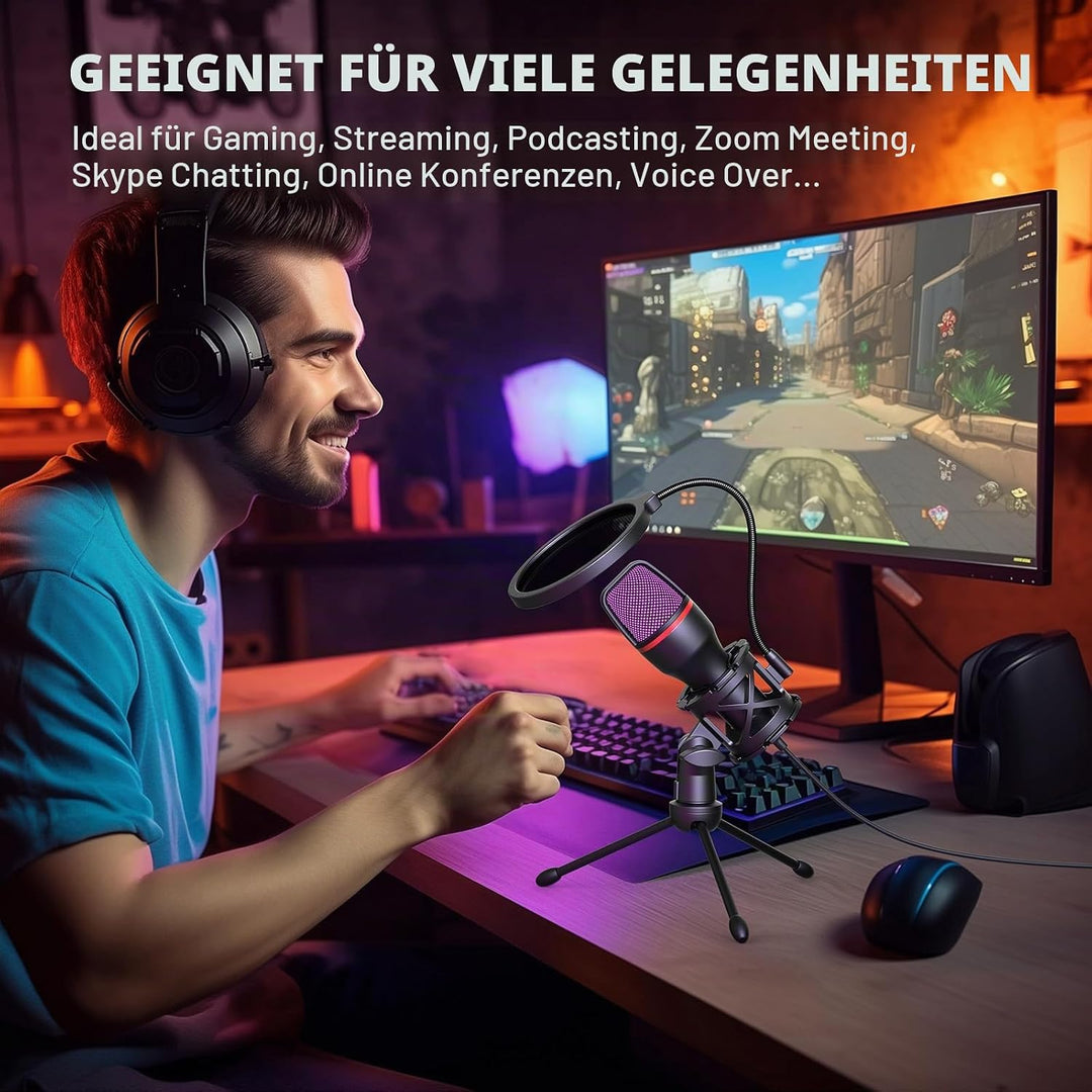 Hoppac USB Mikrofon PC Gaming Mikrofon mit Ständer & Popfilter, Nierencharakteristik Kondensator Mic