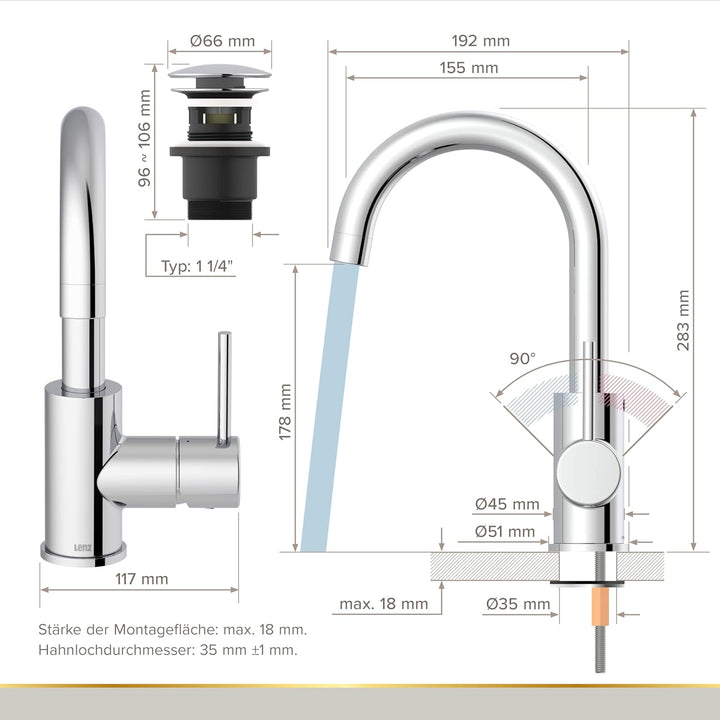 Lenz Niederdruck Waschtischarmatur Bow² in Chrom – 360° schwenkbarer Bogenauslauf – Mit EasyClean Po
