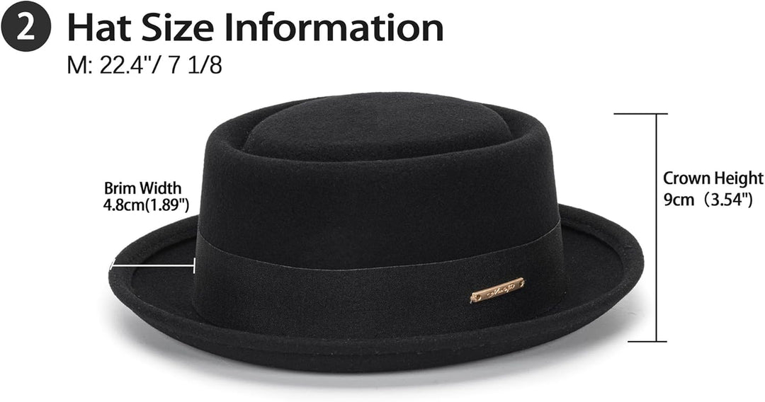 Pork Pie Hut für Herren, Wolle, flache Oberseite, Fedora-Hut, Unisex, Porkpie-Hüte (S/M) M Schwarz,