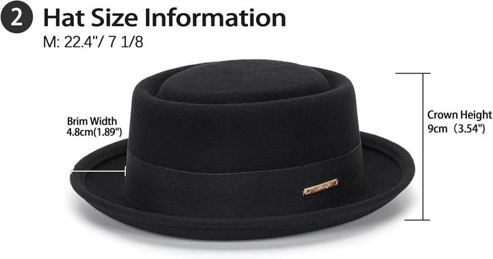 Pork Pie Hut für Herren, Wolle, flache Oberseite, Fedora-Hut, Unisex, Porkpie-Hüte (S/M) M Schwarz,