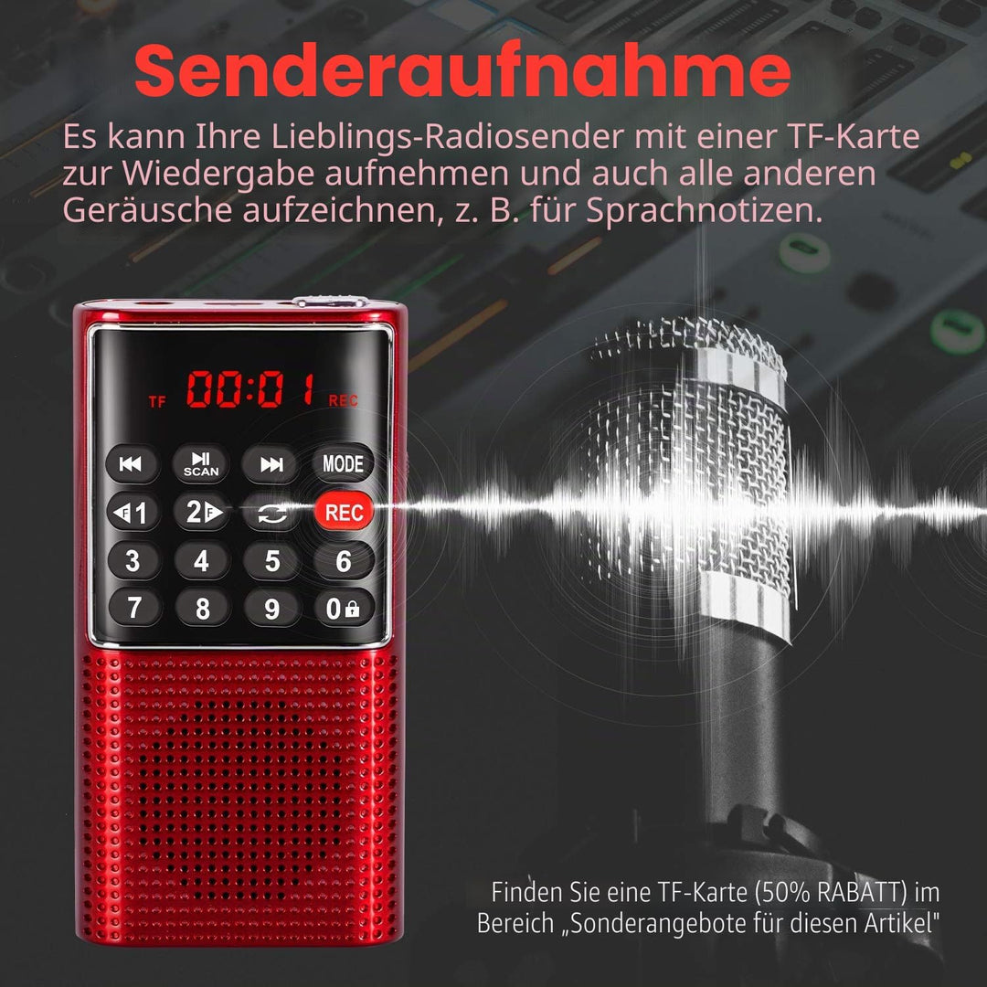 PRUNUS J-328 Taschenradio FM/UKW, Digital Radio Klein mit Rekorder, Kofferradio Mini Radio mit Akku
