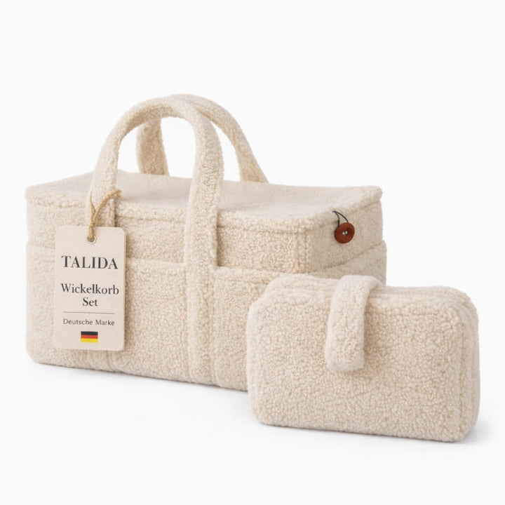 TALIDA Wickelkorb Teddy Set - Wickelorganizer mit Zubehörtasche – Aufbewahrungskorb für Feuchttücher