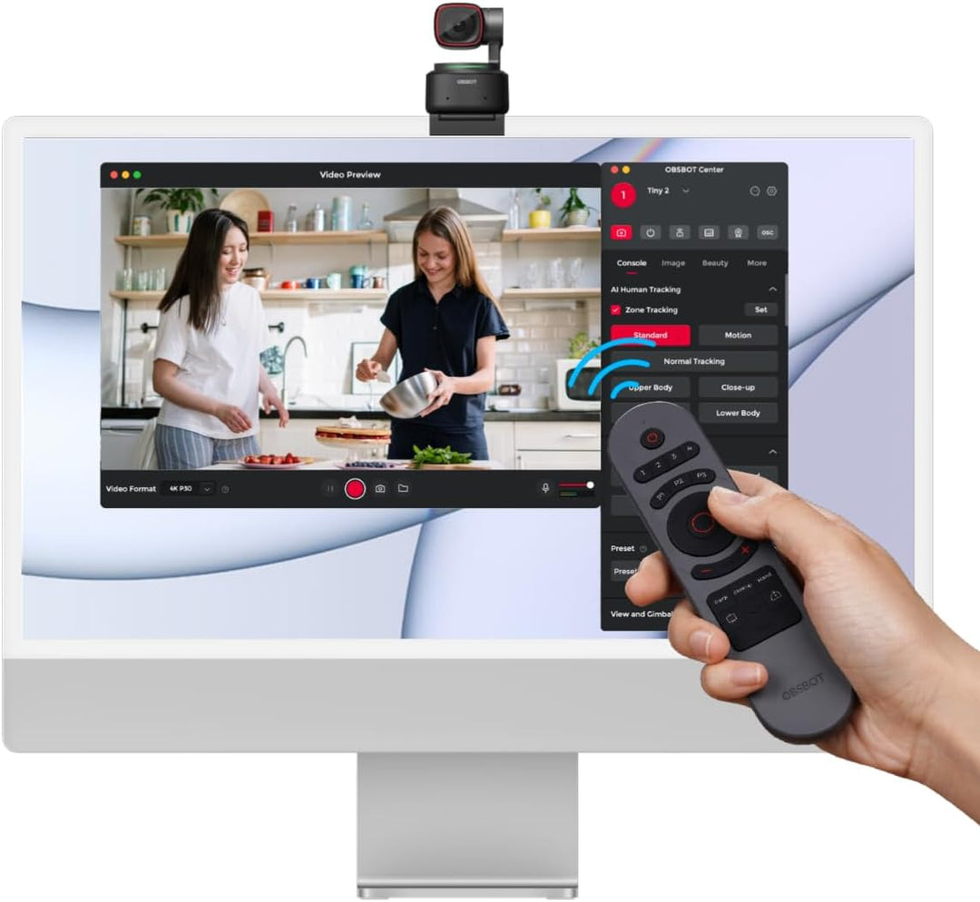 OBSBOT Tiny 2 - PTZ 4K Webcam & Fernbedienung,KI-Tracking, Sprachsteuerung, Gestensteuerung, Autofok