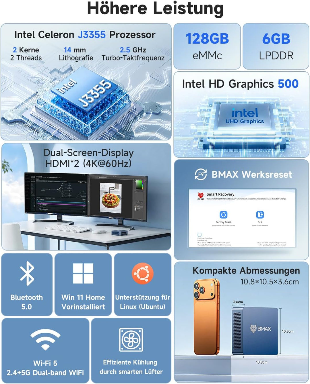 BMAX Mini PC Intel Celeron J3355 mit Win 11 Home, 6GB LPDDR3 + 128GB eMMC Mini Desktop Computer Micr
