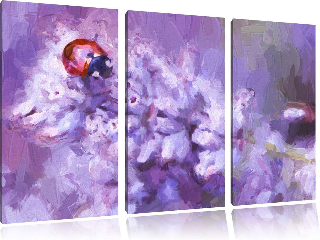 Pixxprint Marienkäfer auf Lavendel / 3-Teilig/Gesamtmass 120cm Leinwandbild bespannt auf Holzrahmen/