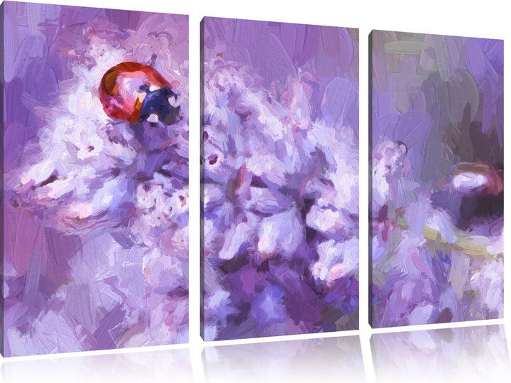Pixxprint Marienkäfer auf Lavendel / 3-Teilig/Gesamtmass 120cm Leinwandbild bespannt auf Holzrahmen/