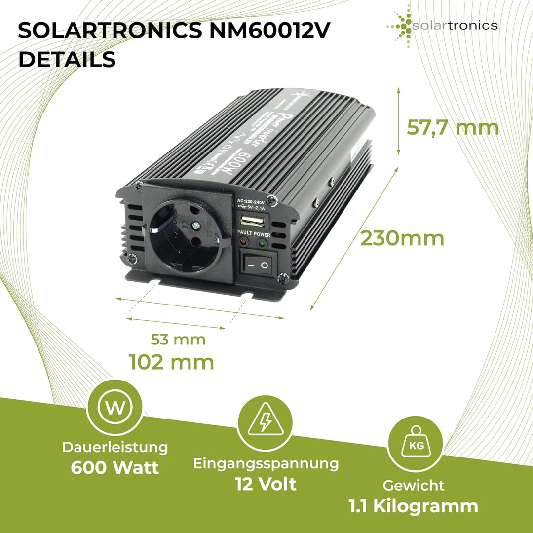 solartronics Spannungswandler Wechselrichter Intverter NM 600-1200 Watt 12V zu 230V schwarz USB Schu