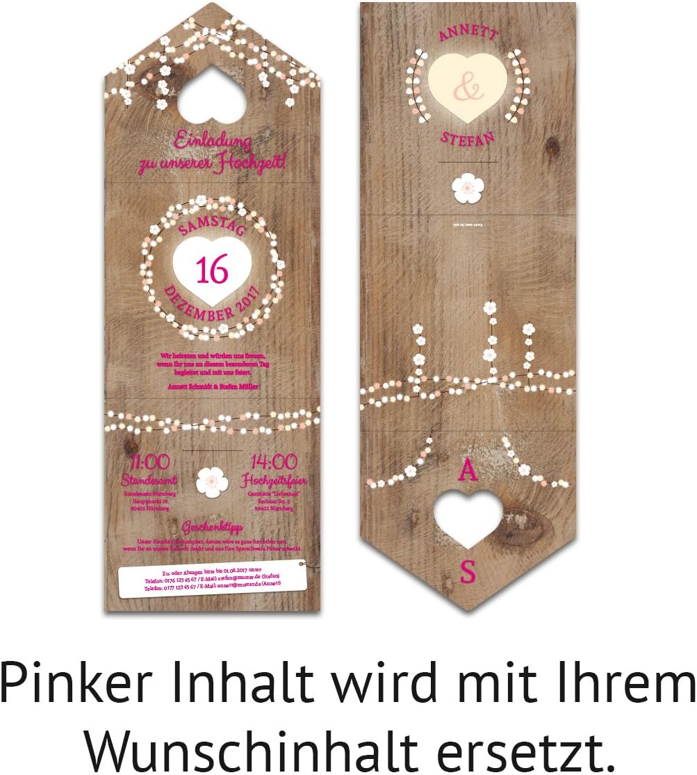 10 x Lasergeschnittene Hochzeit Einladungskarten Einladung - rustikale Lichtgirlande, 10