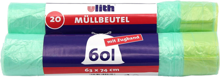 Ulith Müllbeutel mit Kordelzug, 60 Liter, 20 pro Rolle, 63 x 74 cm, reissfest und flüssigkeitsdicht