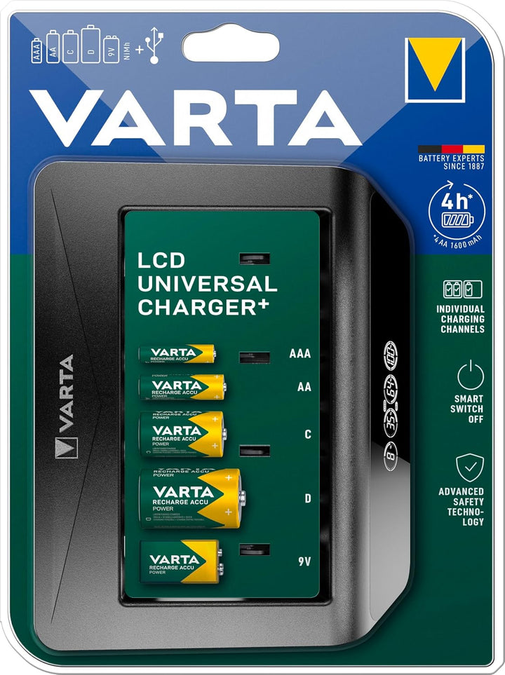 VARTA Universal Charger+, Ladegerät für Akkus in AA/AAA/9V und USB Geräte, Einzelschachtladung LCD U