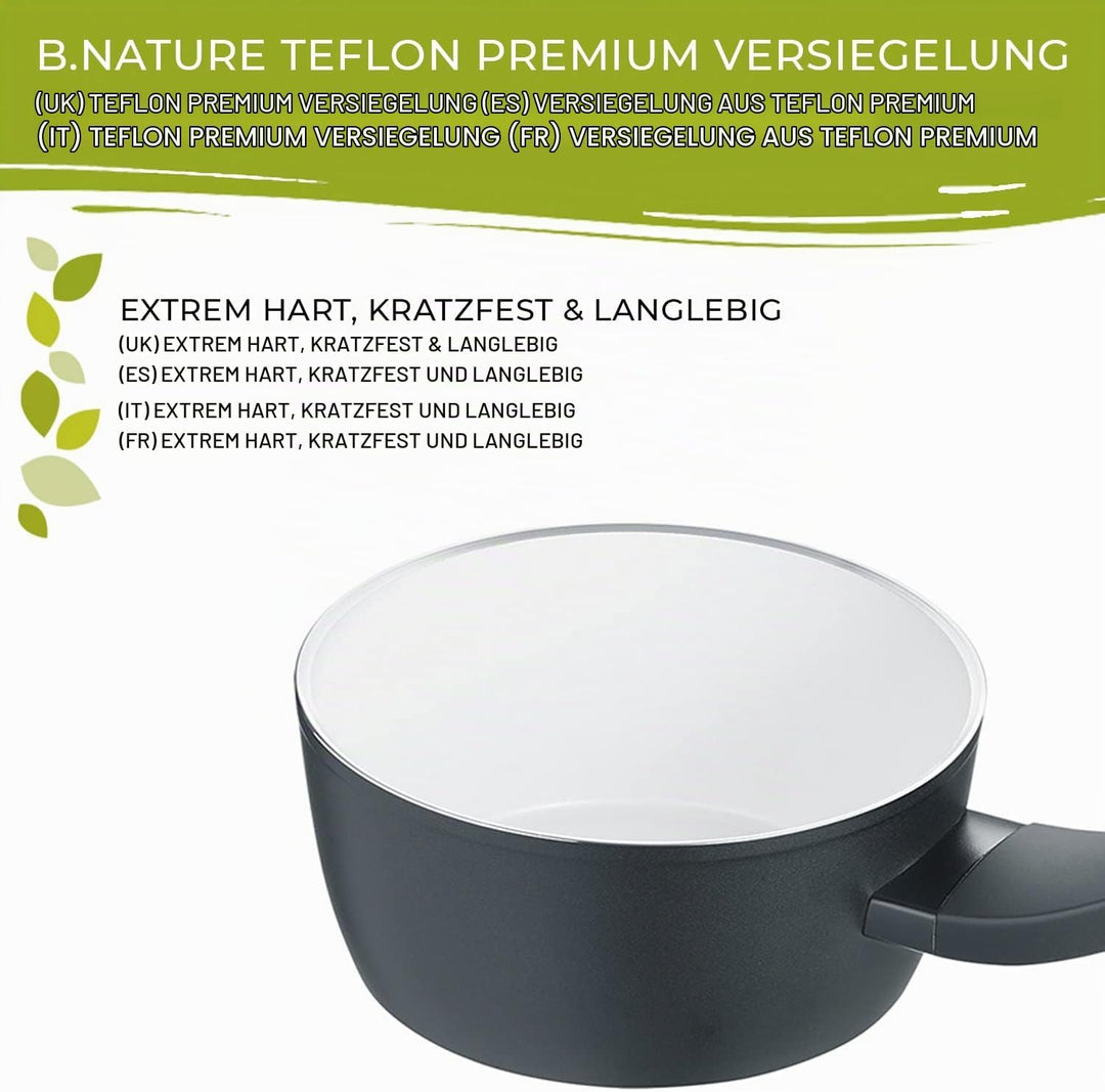 Berndes Topf Balance b.nature 16 cm, Stieltopf mit nachhaltiger Beschichtung aus Quarz, inkl. Glasde