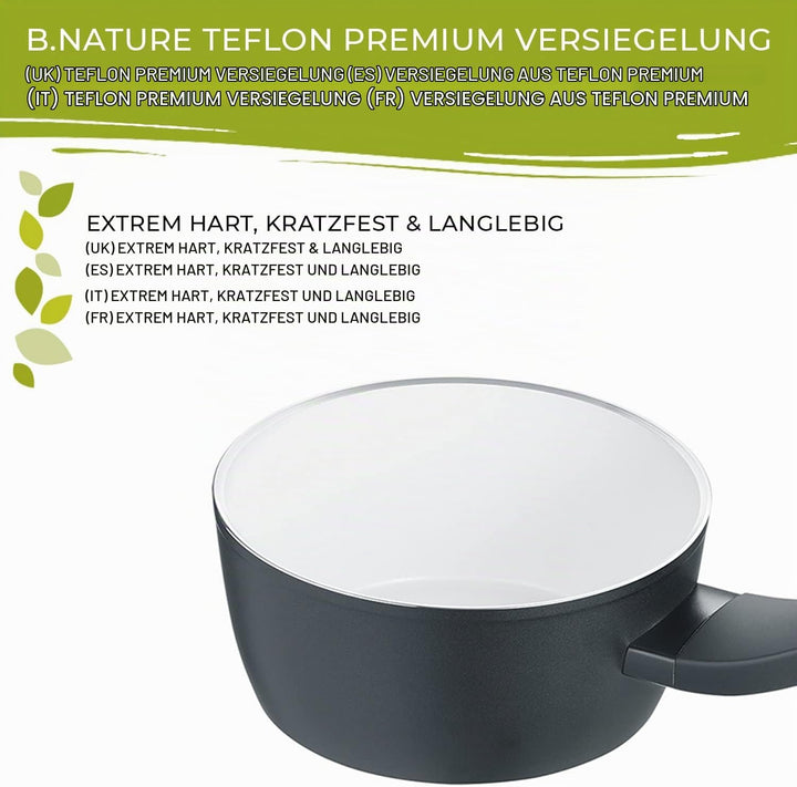 Berndes Topf Balance b.nature 16 cm, Stieltopf mit nachhaltiger Beschichtung aus Quarz, inkl. Glasde