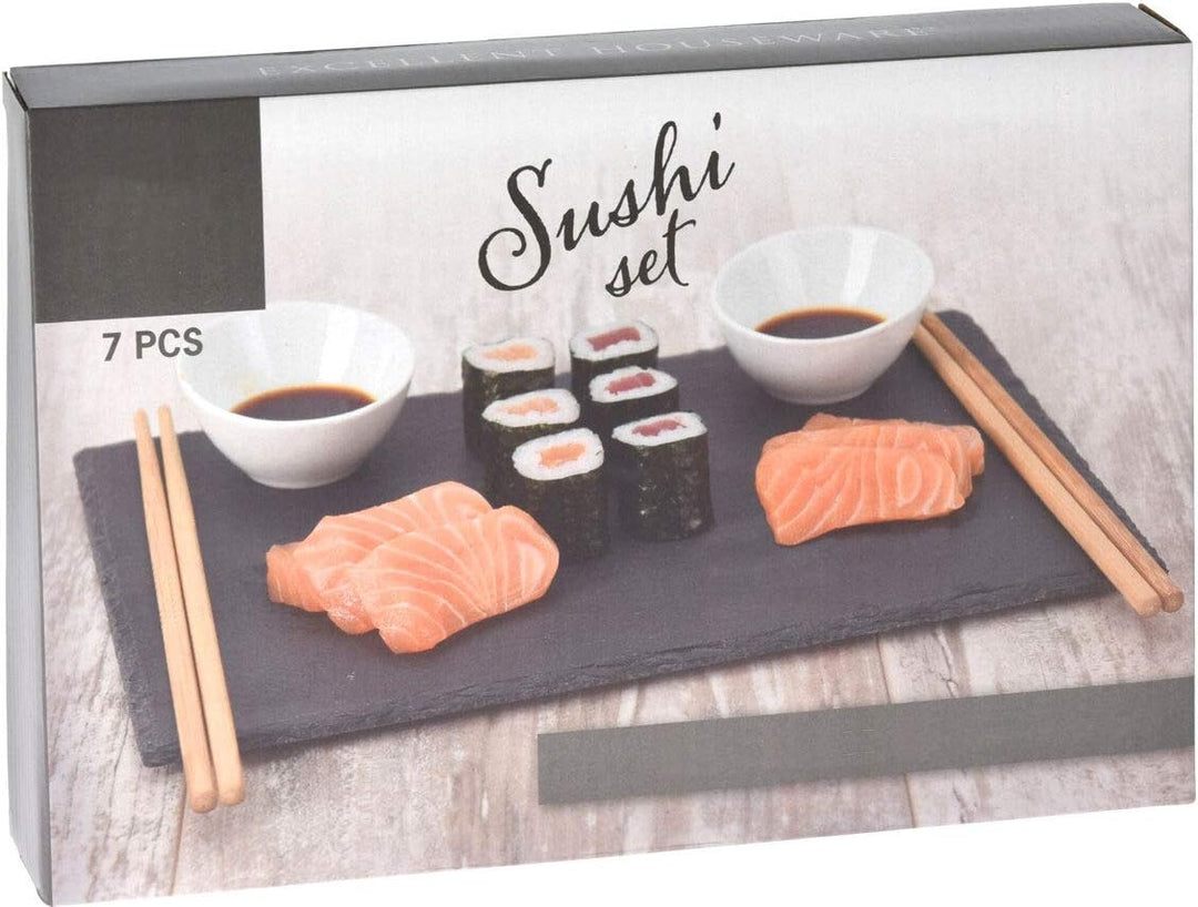 Sushi Set, Japanischer Sushi-Teller mit Dipschälchen aus Porzellan, Essstäbchen, Schieferplatte für